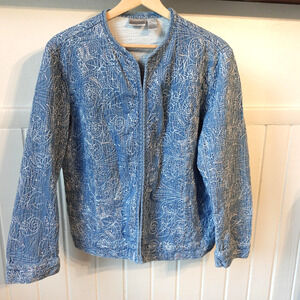 Chicos Jacket 2 Blue Denim Quilted Embroidered Cotton Boho Artisan Grandmacore